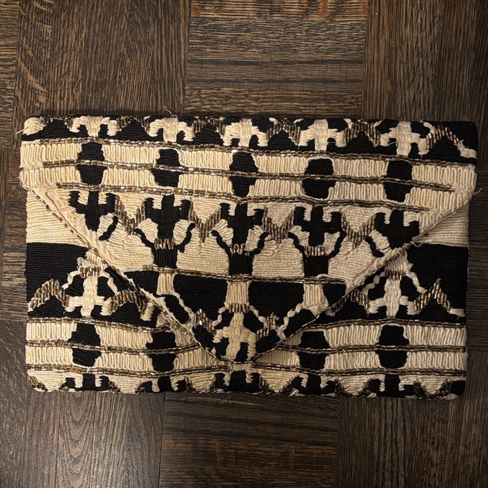Embellished Black and Cream Patterned Clutch